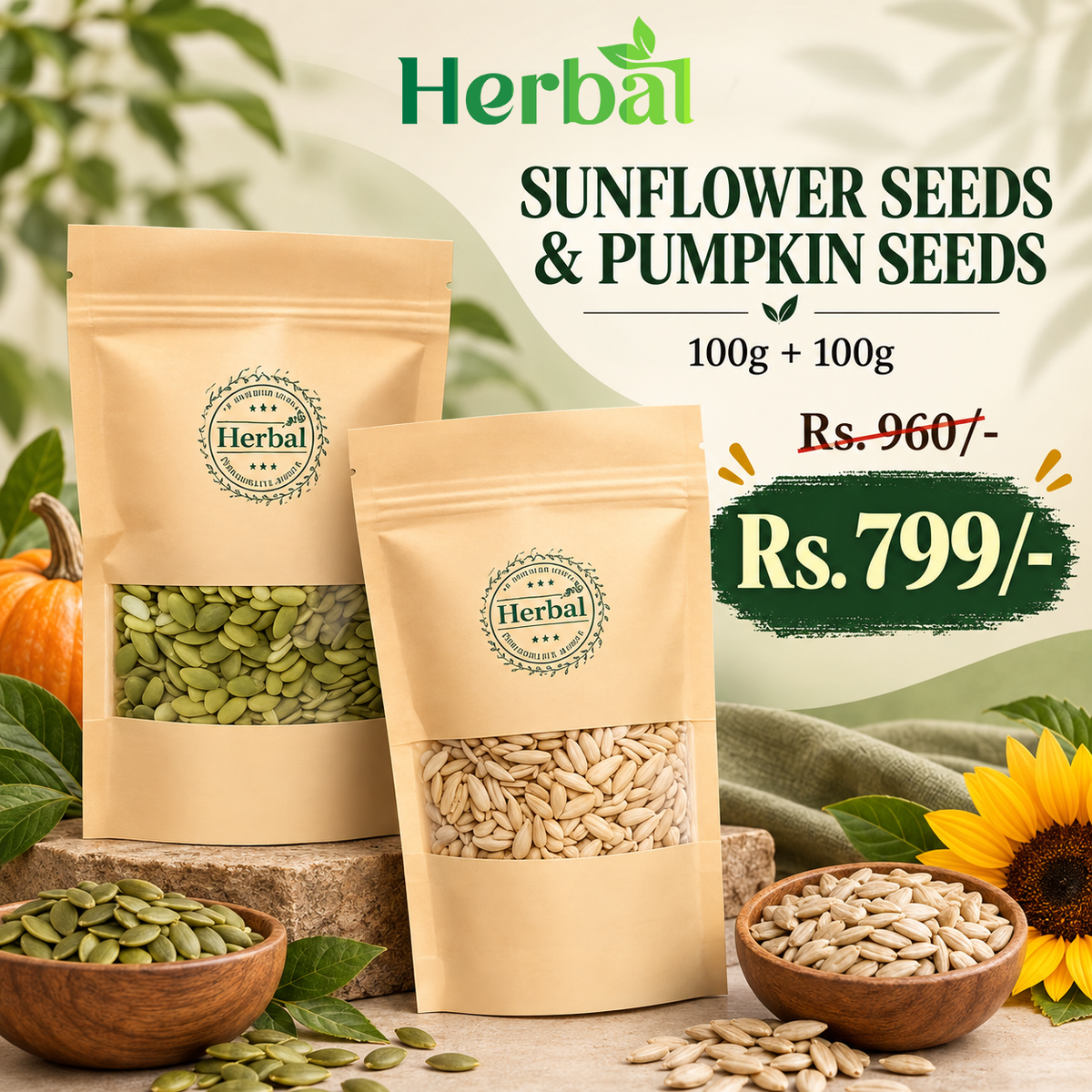 Sunflower + Pumpkin Seeds 100g Each