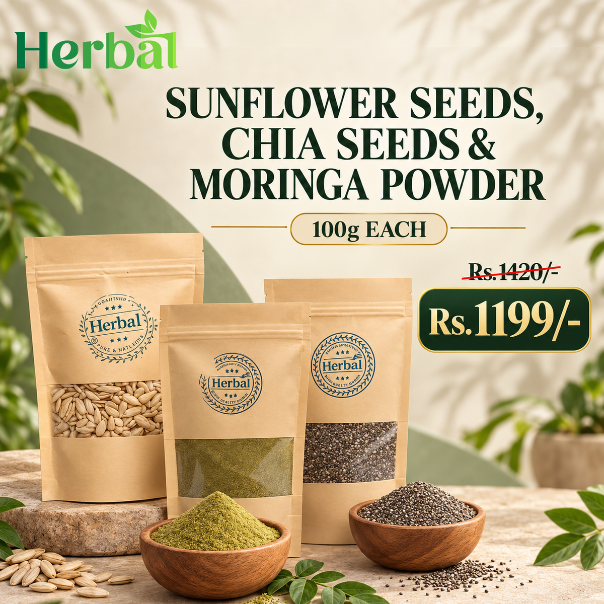 Sunflower Seeds + Chia Seeds + Moringa Powder -100 grams each