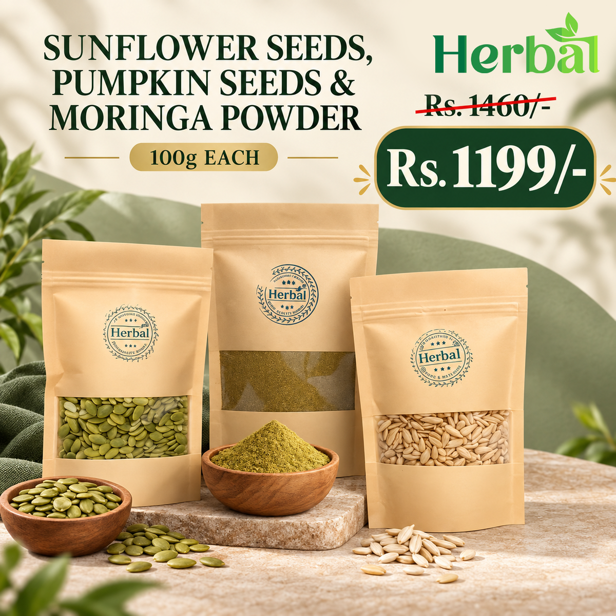 Sunflower Seeds + Pumpkin Seeds + Moringa Powder-100 grams Each