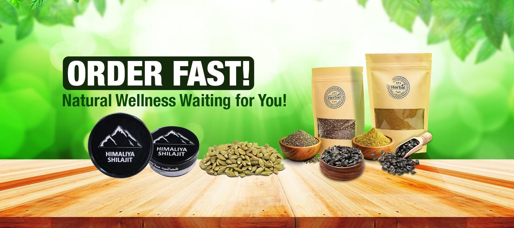 Promotional banner for natural wellness products featuring the brand name “Herbal Shope”. Include visually appealing arrangement of herbal products: moringa powder, Himalaya shilajit, chia seeds, and sunflower seeds. Clean, modern, and premium aesthetic suitable for an e-commerce website, with a natural wellness theme and soft organic tones. Use high-quality product presentation and balanced composition for marketing use.